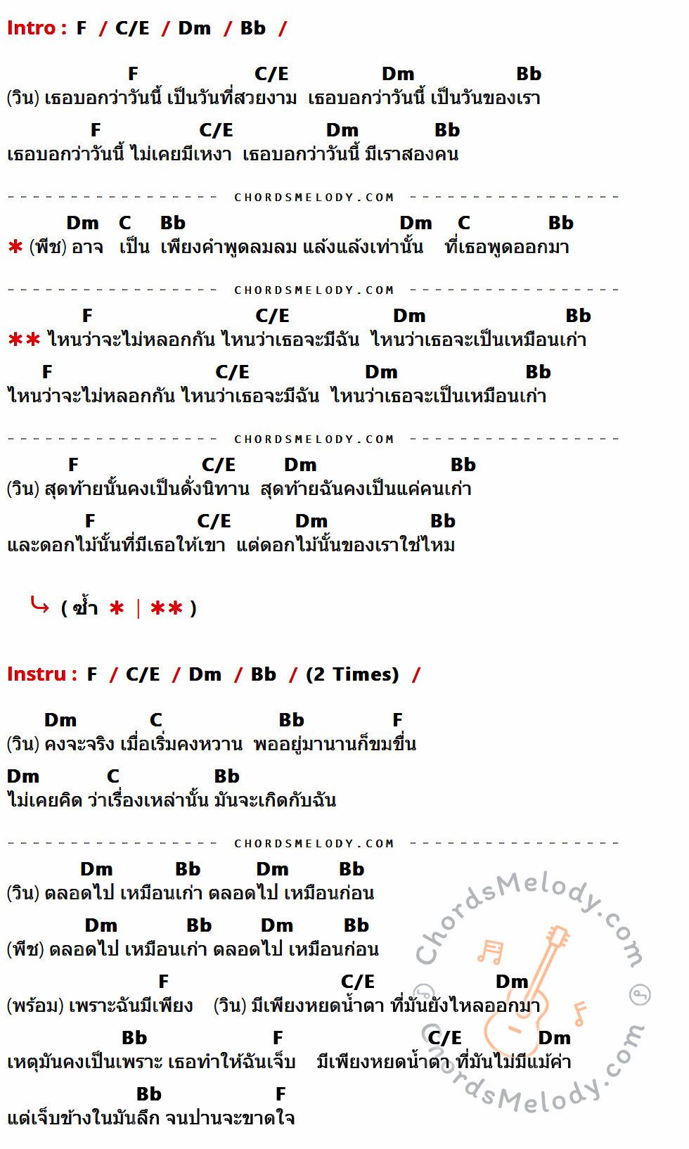 คอร์ดเพลง ไหนว่าจะไม่หลอกกัน - Sqweez Animal Feat.White Rose เนื้อร้อง มีคอร์ดกีต้าร์ ในกลุ่มคีย์ F,C/E,Dm,Bb,C กำกับ