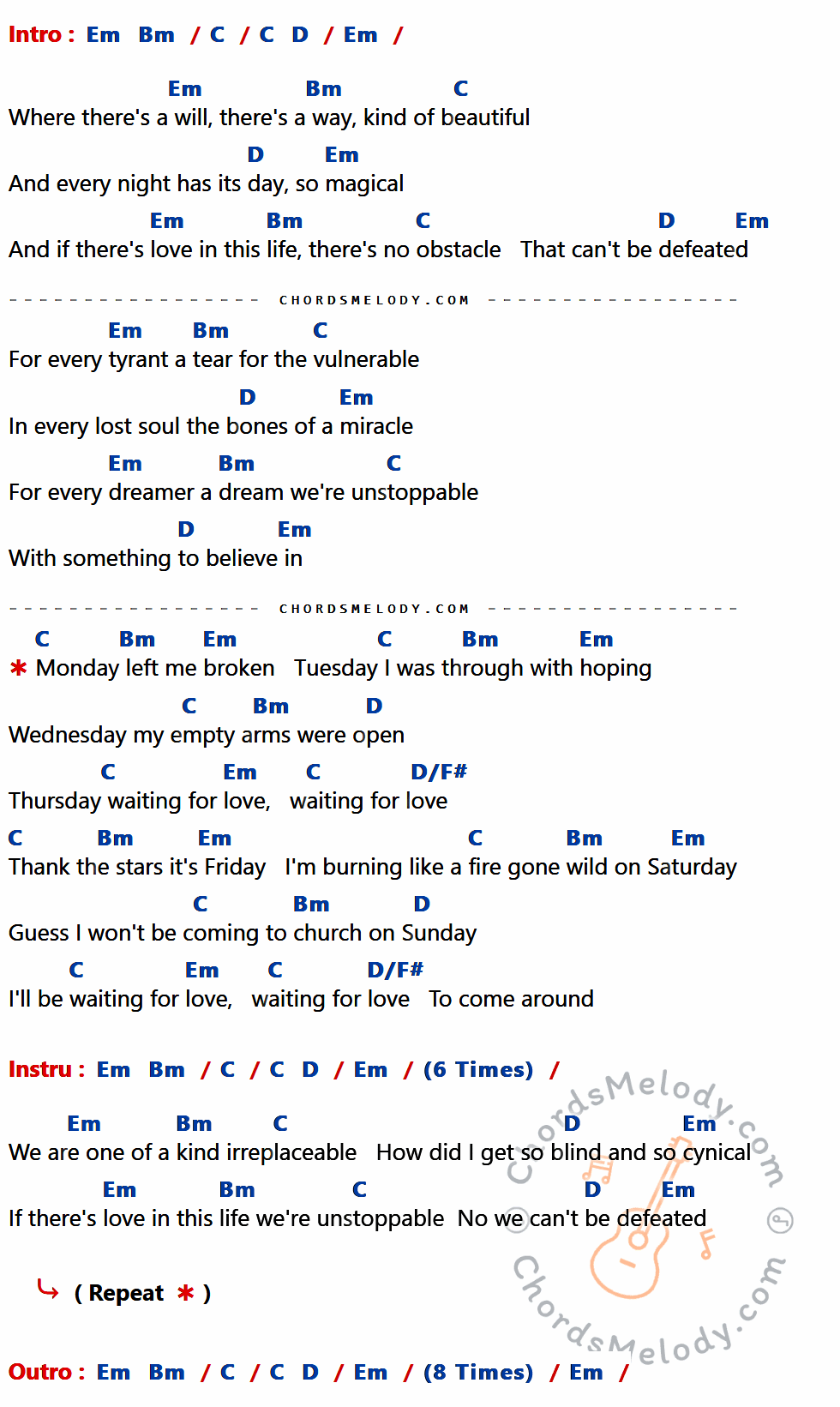 คอร์ดเพลง Waiting For Love - Avicii เนื้อร้อง มีคอร์ดกีต้าร์ ในกลุ่มคีย์ C,Em,Bm,D,D/F# กำกับ