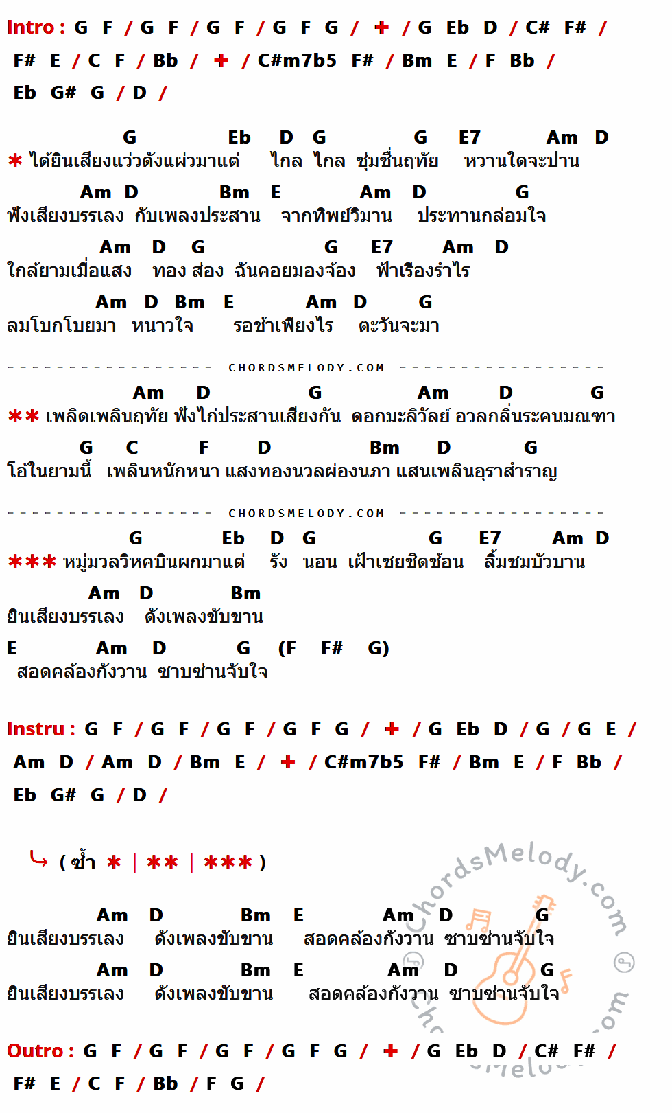 เนื้อเพลง ใกล้รุ่ง ของ คริสตี้ กิ๊บสัน มีคอร์ดกีต้าร์ ในคีย์ที่ต่างกัน G,F,Eb,D,C#,F#,E,C,Bb,C#m7b5,Bm,G#,E7,Am