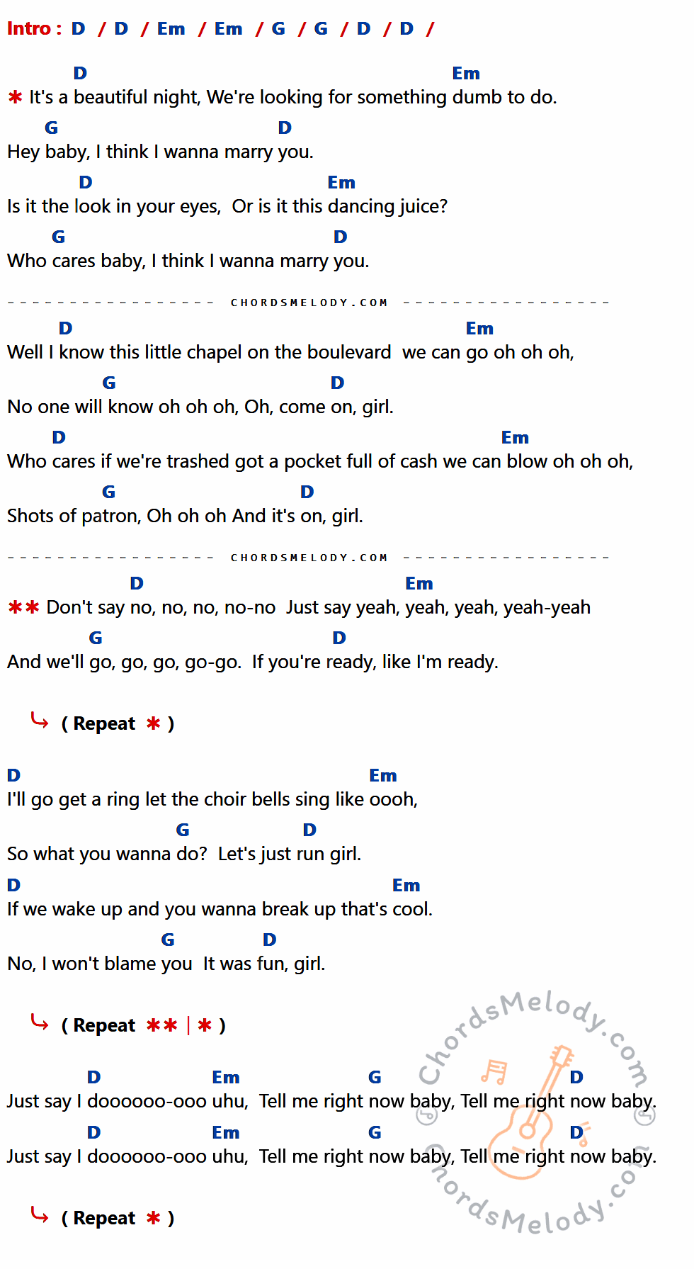 คอร์ดเพลง Marry You - Bruno Mars เนื้อร้อง มีคอร์ดกีต้าร์ ในกลุ่มคีย์ D,Em,G กำกับ