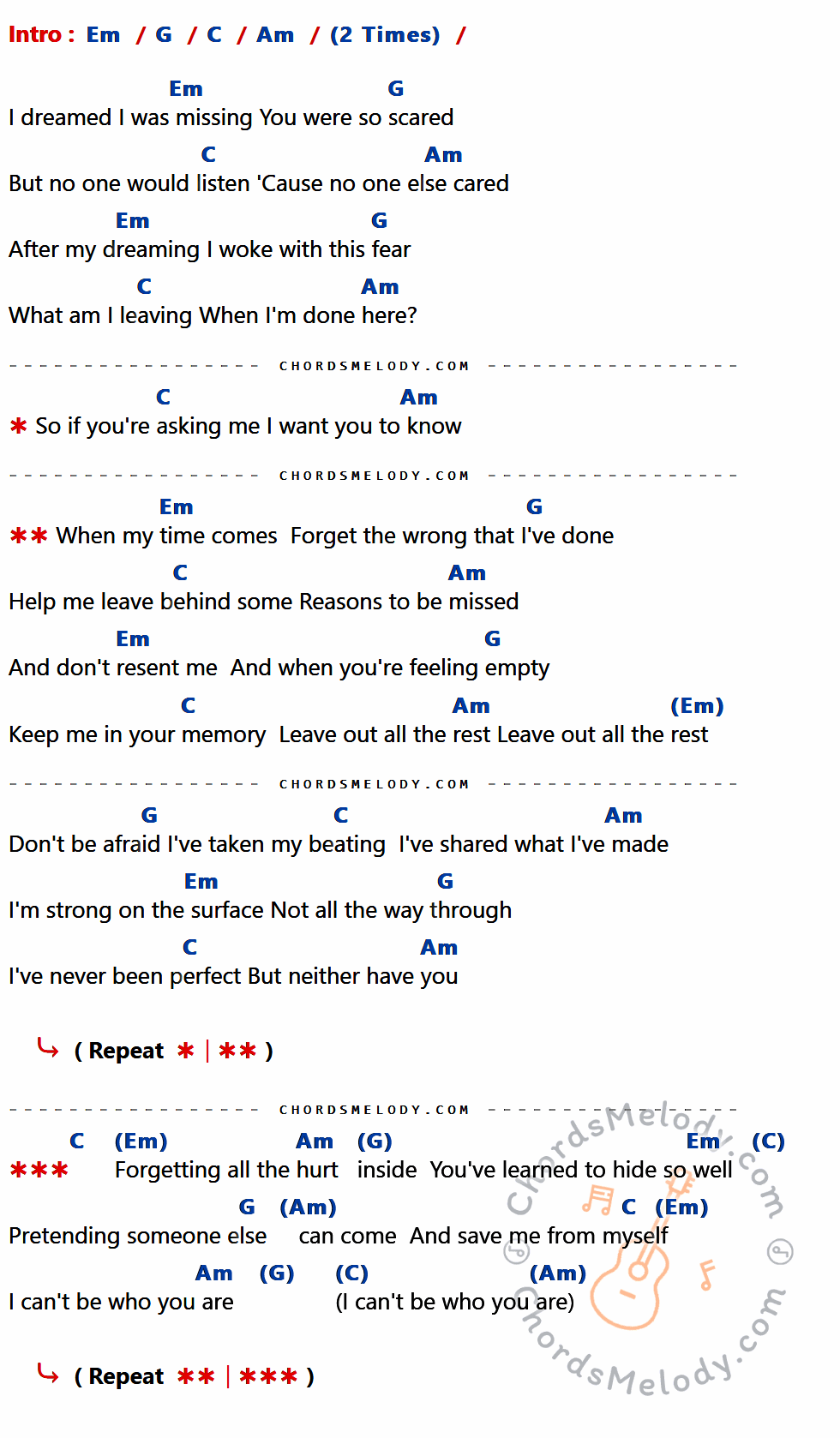 คอร์ดเพลง Leave Out All The Rest - Linkin Park เนื้อร้อง มีคอร์ดกีต้าร์ ในกลุ่มคีย์ Em,G,C,Am กำกับ