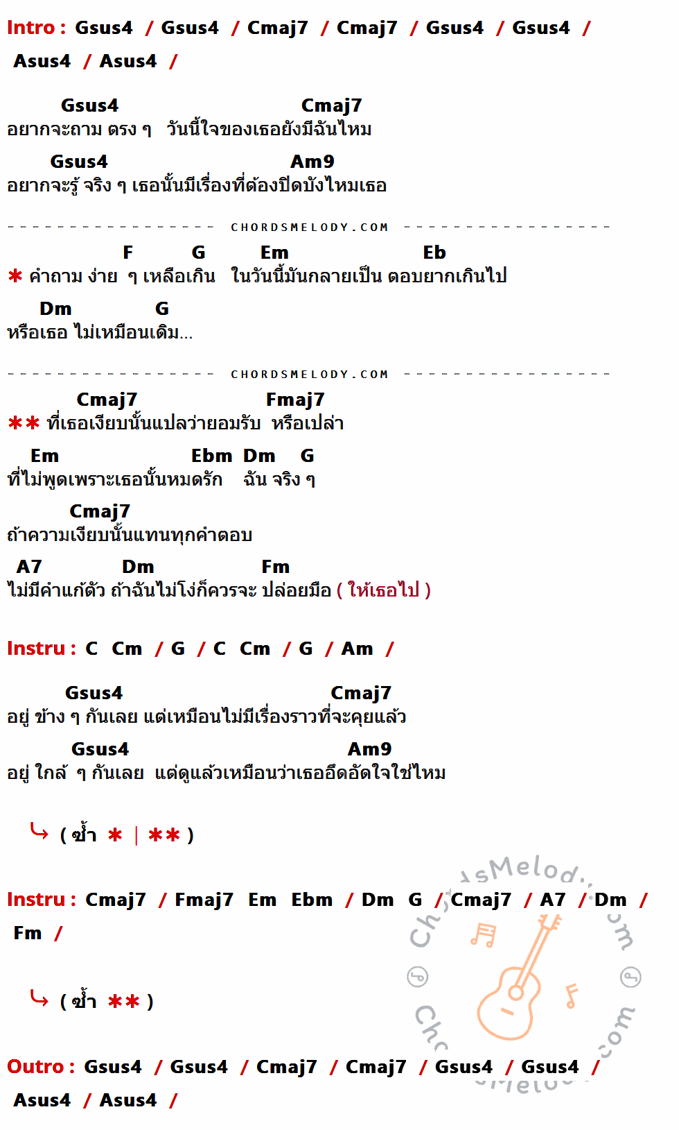 เนื้อเพลง เงียบ ของ นิว ภชพน มีคอร์ดกีต้าร์ ในคีย์ที่ต่างกัน Gsus4,Cmaj7,Asus4,Am9,F,G,Em,Eb,Dm,Fmaj7,Ebm,A7,Fm,Am