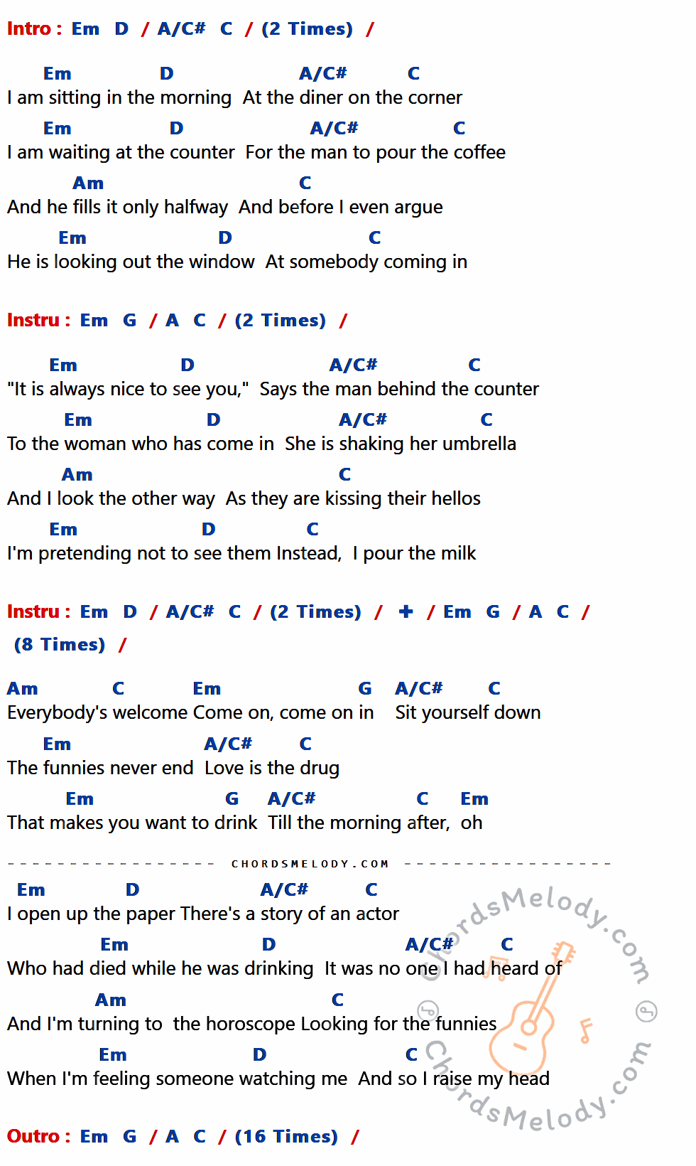 เนื้อเพลง Tom's Diner ของ Giorgio Moroder Feat.Britney Spears มีคอร์ดกีต้าร์ ในคีย์ที่ต่างกัน Em,D,A/C#,C,Am,G,A