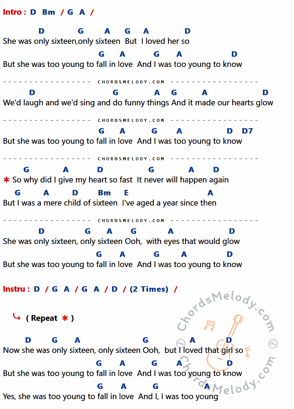 เนื้อเพลง Only Sixteen ของ Dr. Hook มีคอร์ดกีต้าร์ ในคีย์ที่ต่างกัน D,Bm,G,A,D7,E