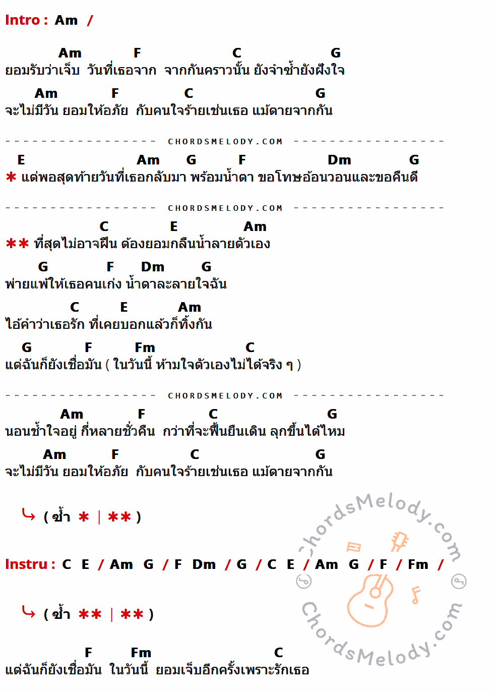 คอร์ดเพลง กลืนน้ำลาย - New old stock เนื้อร้อง มีคอร์ดกีต้าร์ ในกลุ่มคีย์ Am,F,C,G,E,Dm,Fm กำกับ