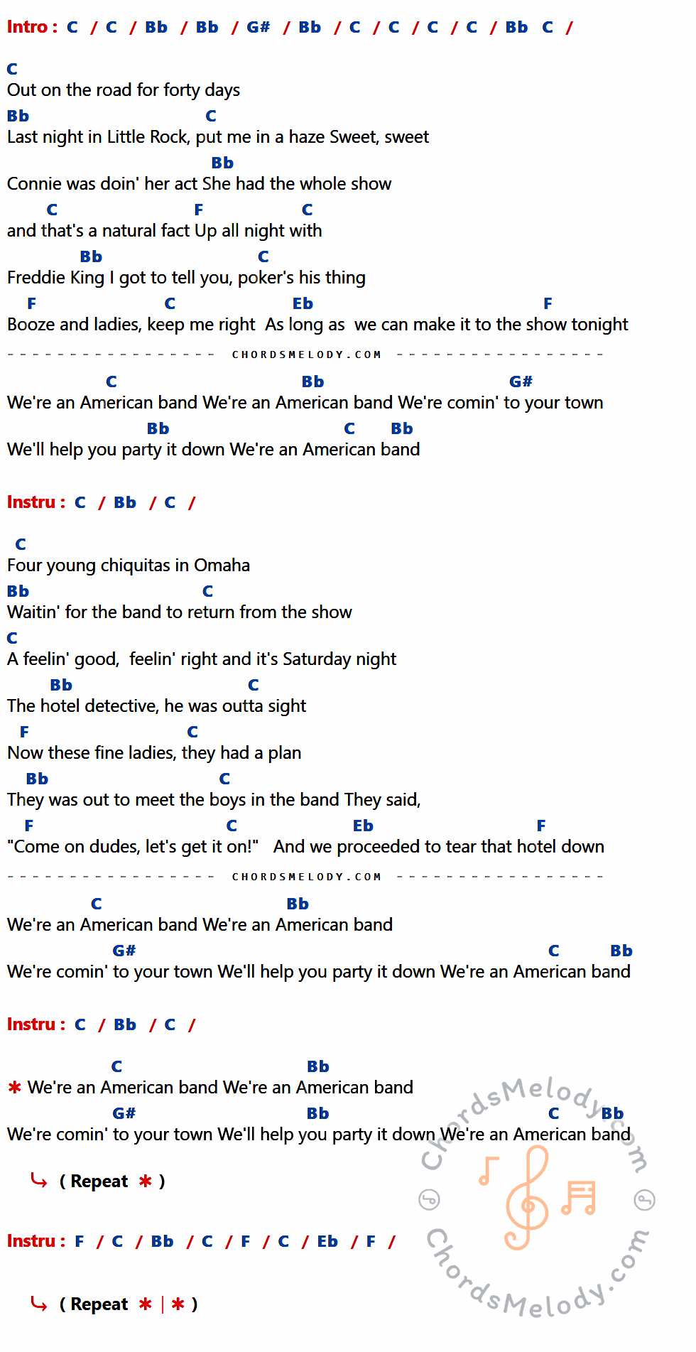 คอร์ดเพลง We're An Amercan Band - Grand Frank Rallroad เนื้อร้อง มีคอร์ดกีต้าร์ ในกลุ่มคีย์ C,Bb,G#,F,Eb กำกับ