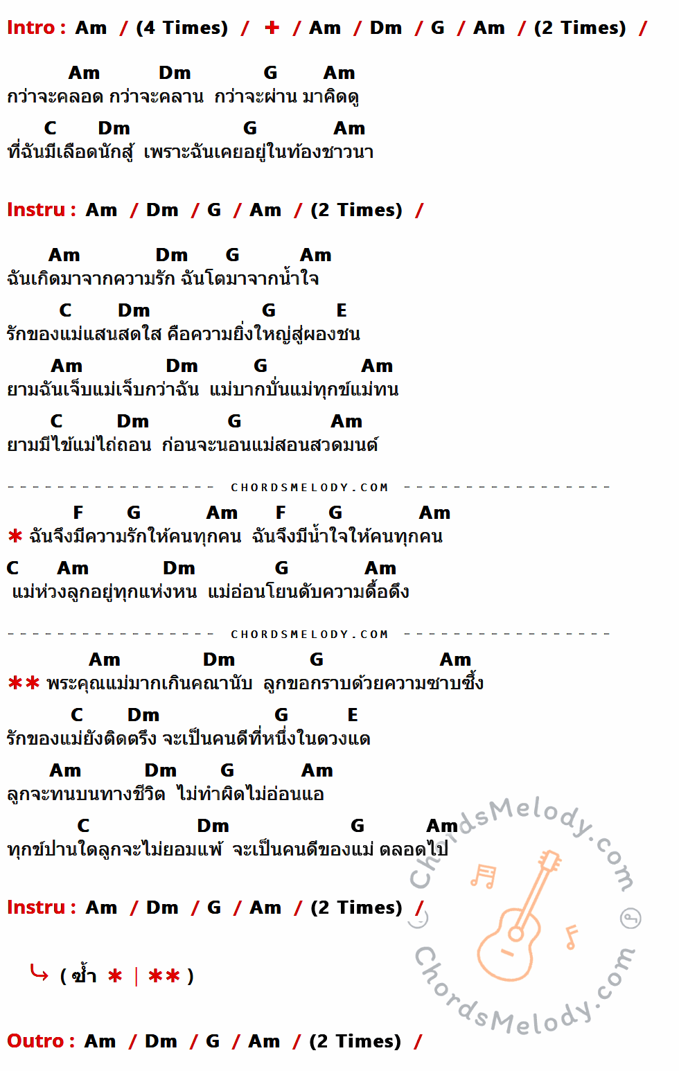 เนื้อเพลง ลูกแม่ ของ ครูซัน สมพงษ์ หมื่นจิตต์ มีคอร์ดกีต้าร์ ในคีย์ที่ต่างกัน Am,Dm,G,C,E,F