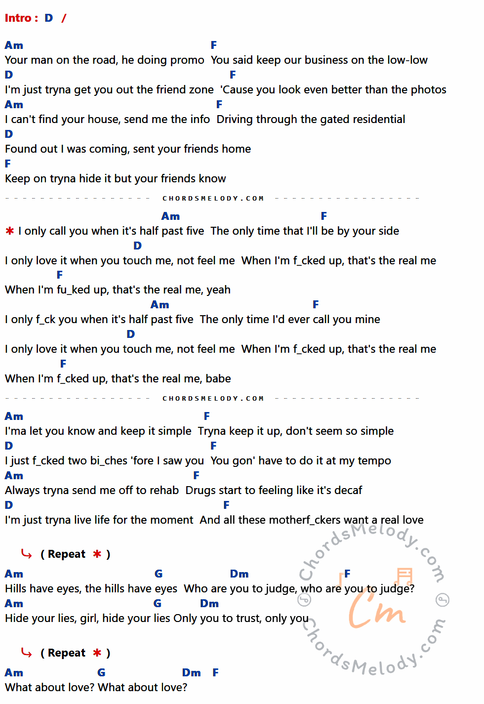 คอร์ดเพลง The Hills - The Weeknd เนื้อร้อง มีคอร์ดกีต้าร์ ในกลุ่มคีย์ D,Am,F,G,Dm กำกับ