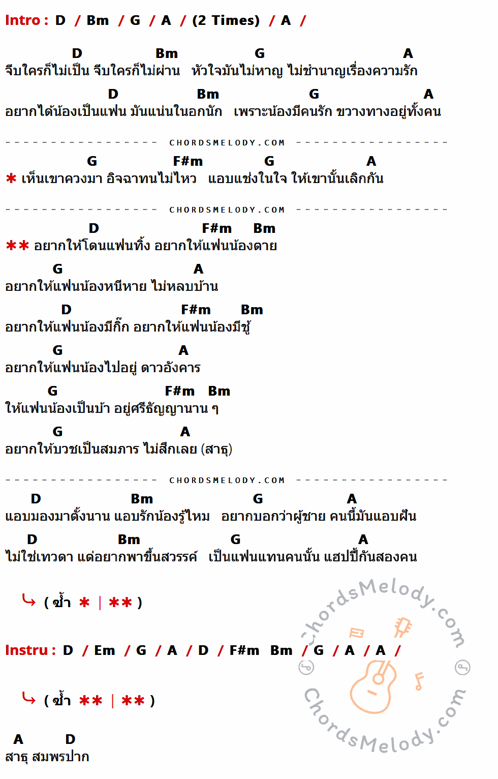 เนื้อเพลง แช่งให้เขาเลิกกัน ของ นายคเชนทร์ มีคอร์ดกีต้าร์ ในคีย์ที่ต่างกัน D,Bm,G,A,F#m,Em