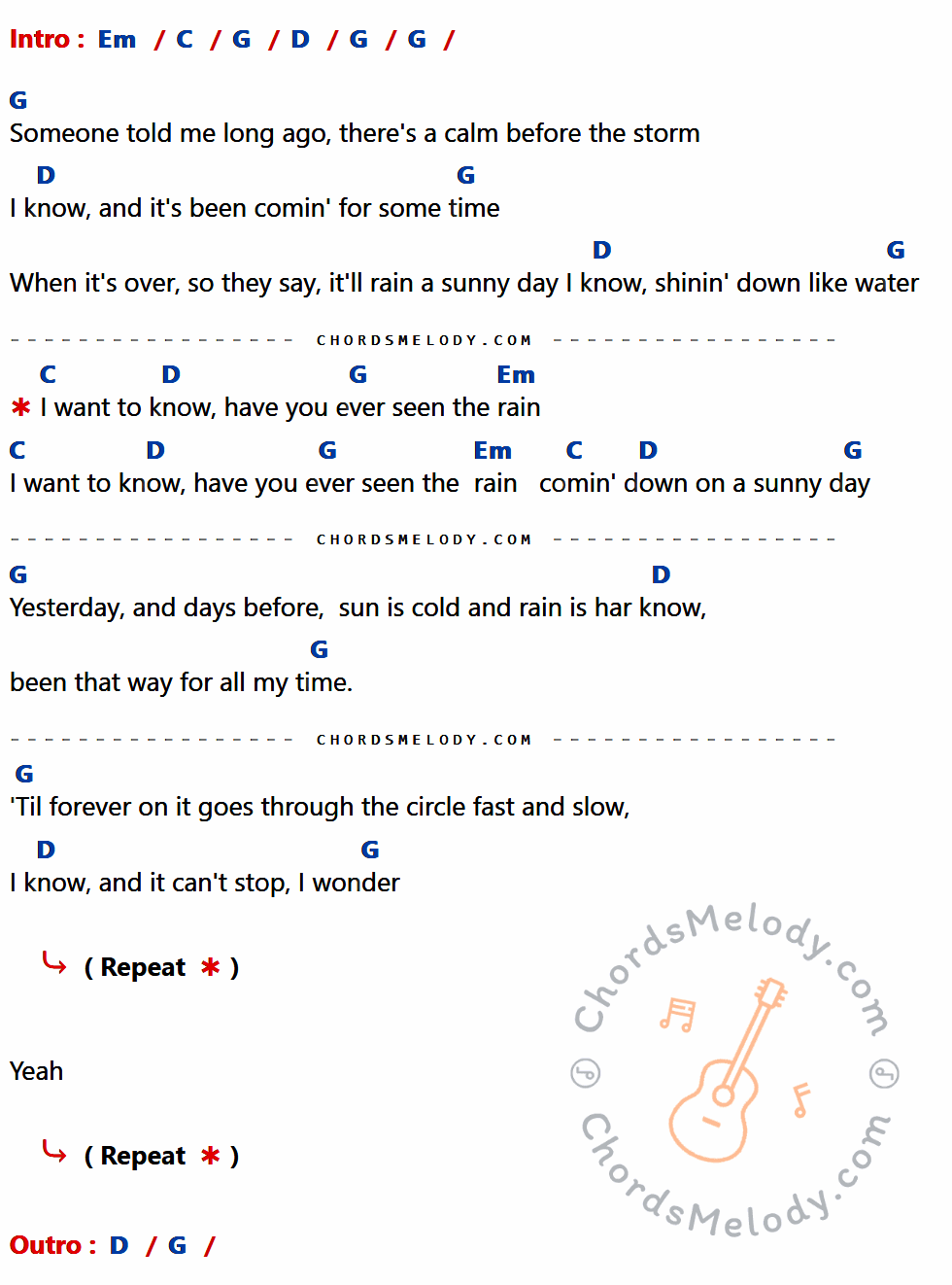 คอร์ดเพลง Have You Ever Seen The Rain - Credence Clearwater Revival เนื้อร้อง มีคอร์ดกีต้าร์ ในกลุ่มคีย์ Em,C,G,D กำกับ