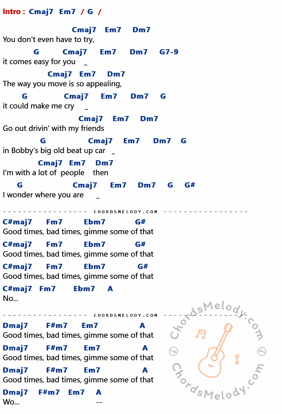 คอร์ดเพลง Good Times - เปอติ๊ด ญาดา เนื้อร้อง มีคอร์ดกีต้าร์ ในกลุ่มคีย์ Cmaj7,Em7,G,Dm7,G7-9,G#,C#maj7,Fm7,Ebm7,A,Dmaj7,F#m7 กำกับ