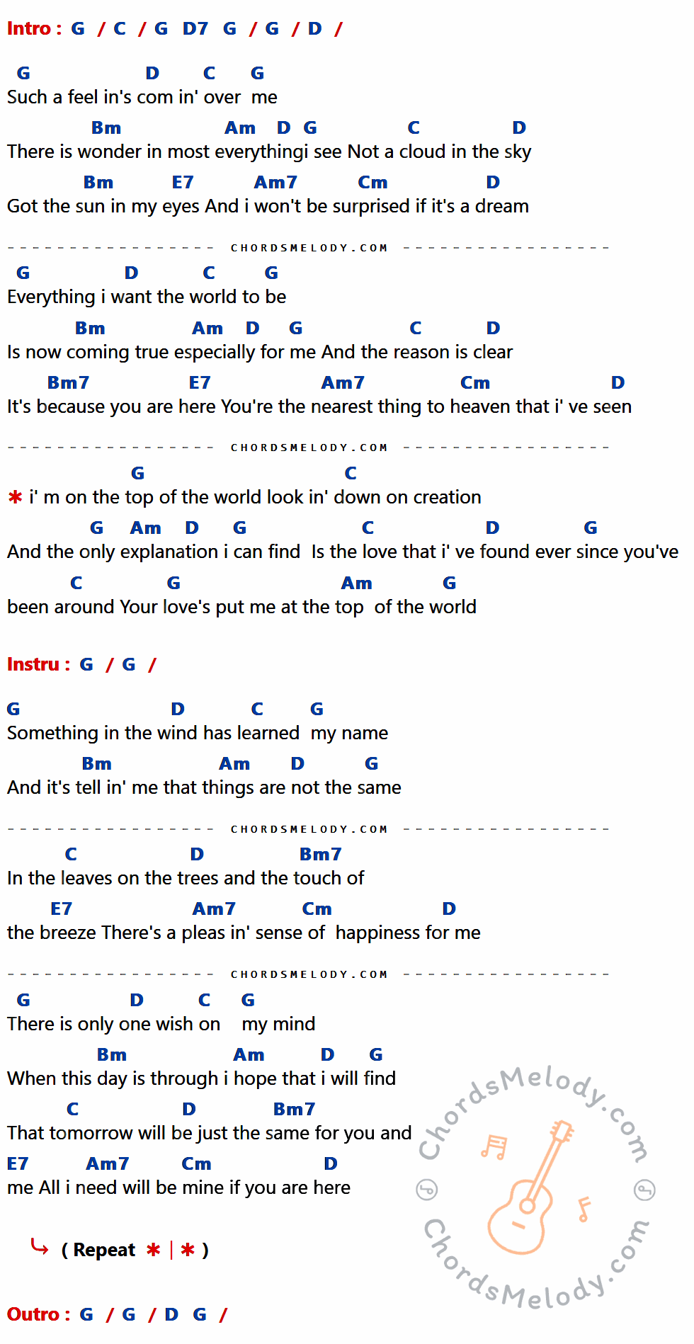 เนื้อเพลง Top Of The Worlds ของ Carpenters มีคอร์ดกีต้าร์ ในคีย์ที่ต่างกัน G,C,D7,D,Bm,Am,E7,Am7,Cm,Bm7