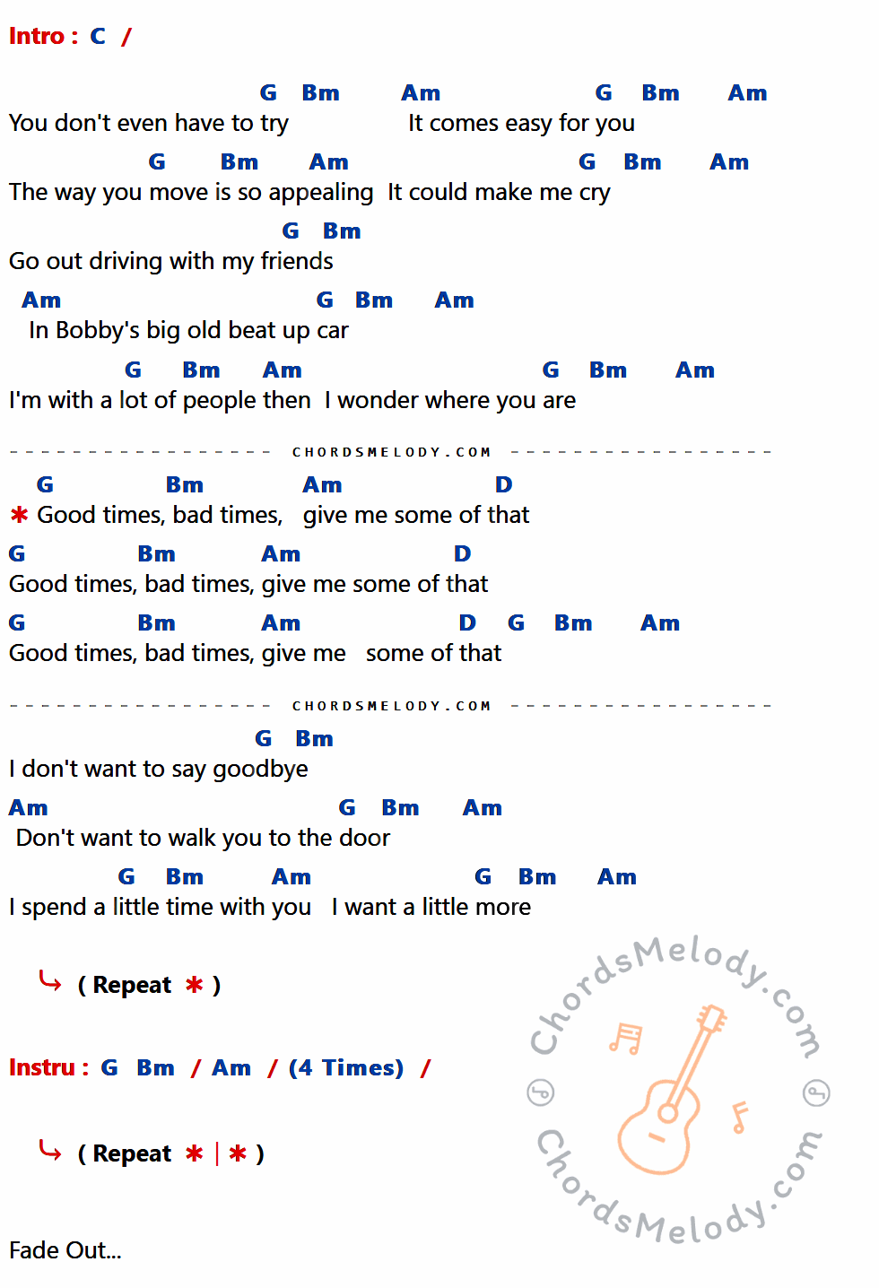 เนื้อเพลง Good Times ของ Edie Brickell มีคอร์ดกีต้าร์ ในคีย์ที่ต่างกัน G,D,F#m,Em,A