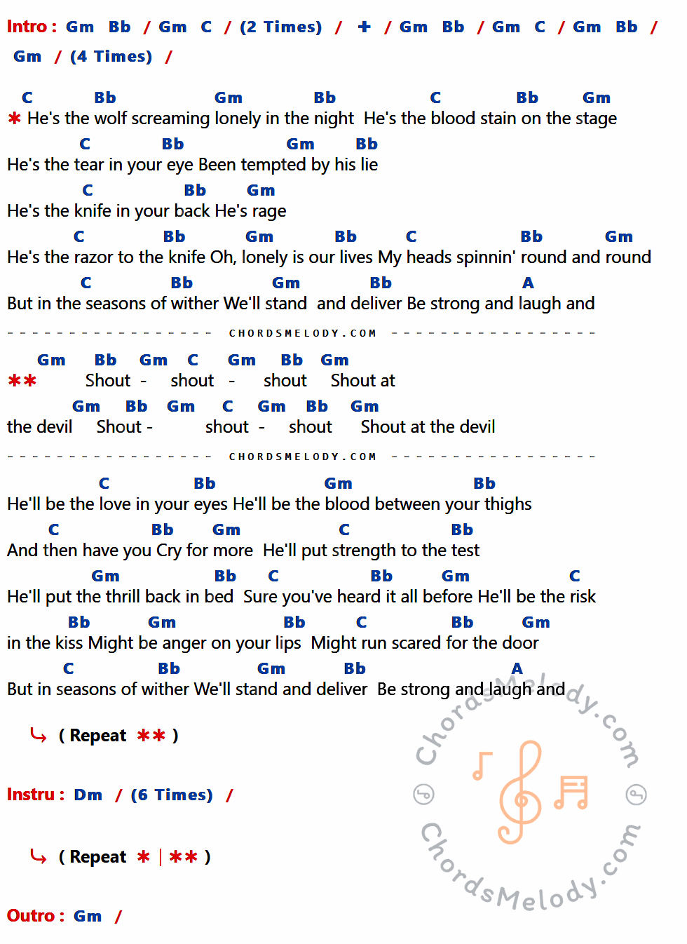 เนื้อเพลง Shout At The Devil ของ Motley Crue ที่มีคอร์ด ในกลุ่มคีย์ Gm,Bb,C,A,Dm ประกอบ