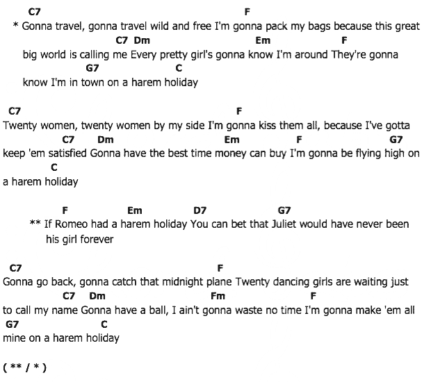 คอร์ดเพลง เนื้อเพลง Harem Holiday, คอร์ดเพลง Harem Holiday ของ Elvis presley, คอร์ดเพลงของ Elvis presley, เนื้อร้อง Harem Holiday Elvis presley, Harem Holiday คอร์ดง่าย ๆ, คอร์ด Harem Holiday ต้นฉบับ