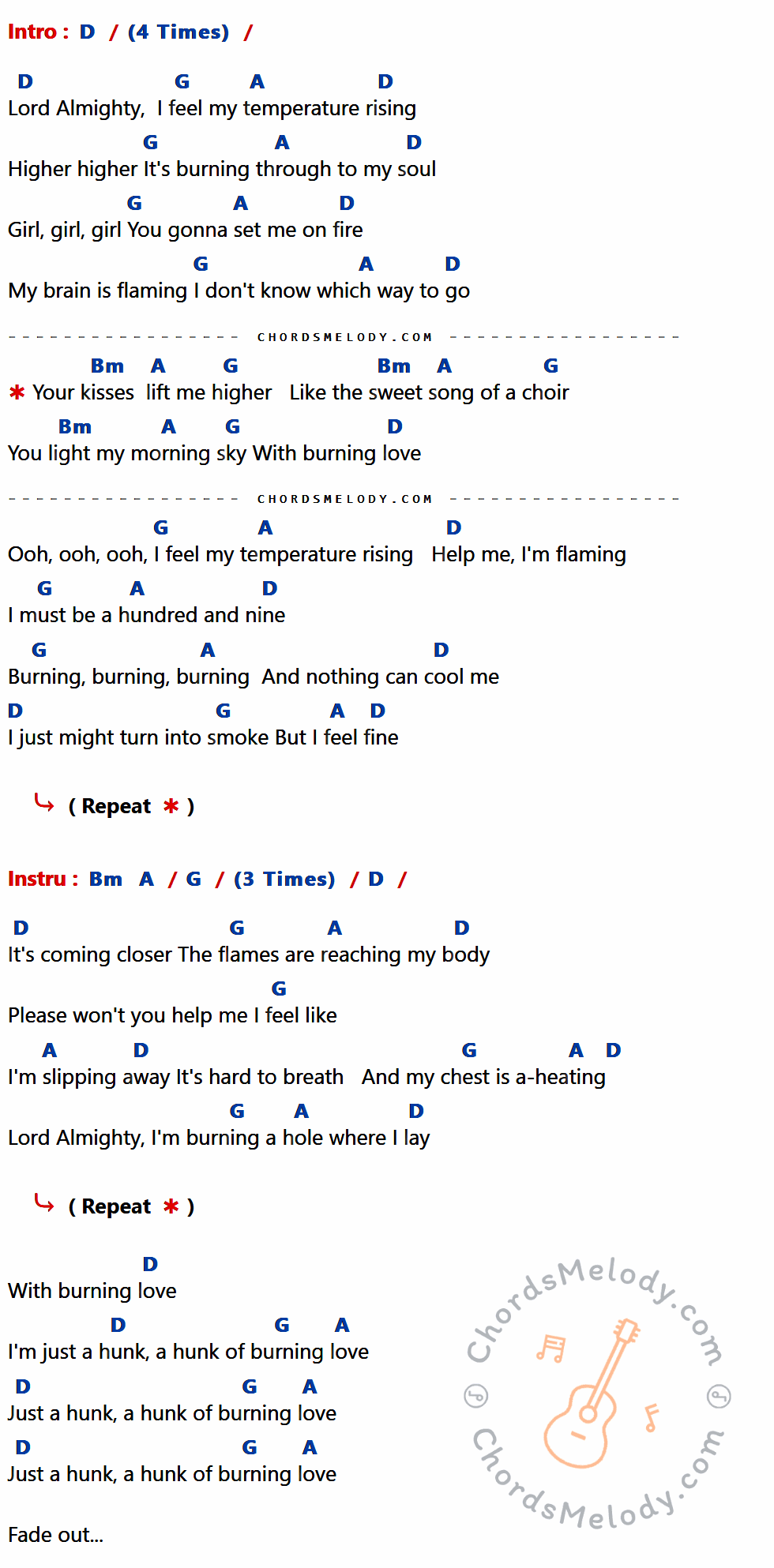 เนื้อเพลง Burning Love ของ Elvis presley ที่มีคอร์ด ในกลุ่มคีย์ D,G,A,Bm ประกอบ