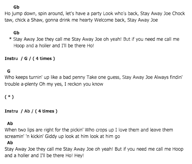 คอร์ดเพลง เนื้อเพลง Stay Away Joe, คอร์ดเพลง Stay Away Joe ของ Elvis presley, คอร์ดเพลงของ Elvis presley, เนื้อร้อง Stay Away Joe Elvis presley, Stay Away Joe คอร์ดง่าย ๆ, คอร์ด Stay Away Joe ต้นฉบับ