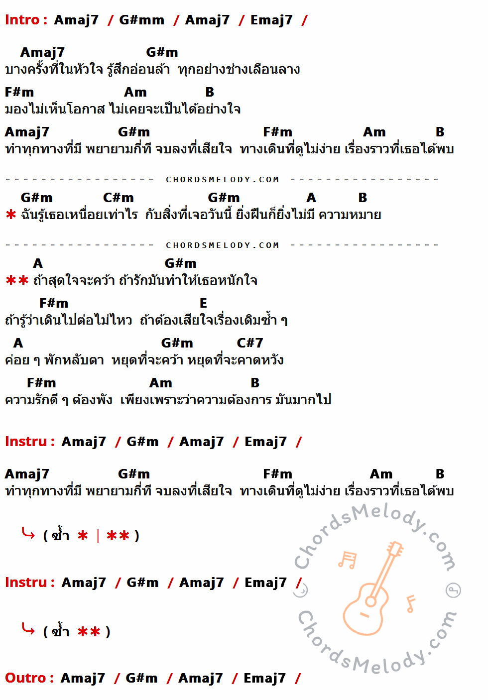 เนื้อเพลง สุดใจ ของ 2P ที่มีคอร์ด ในกลุ่มคีย์ Amaj7,G#mm,Emaj7,G#m,F#m,Am,B,C#m,A,E,C#7 ประกอบ