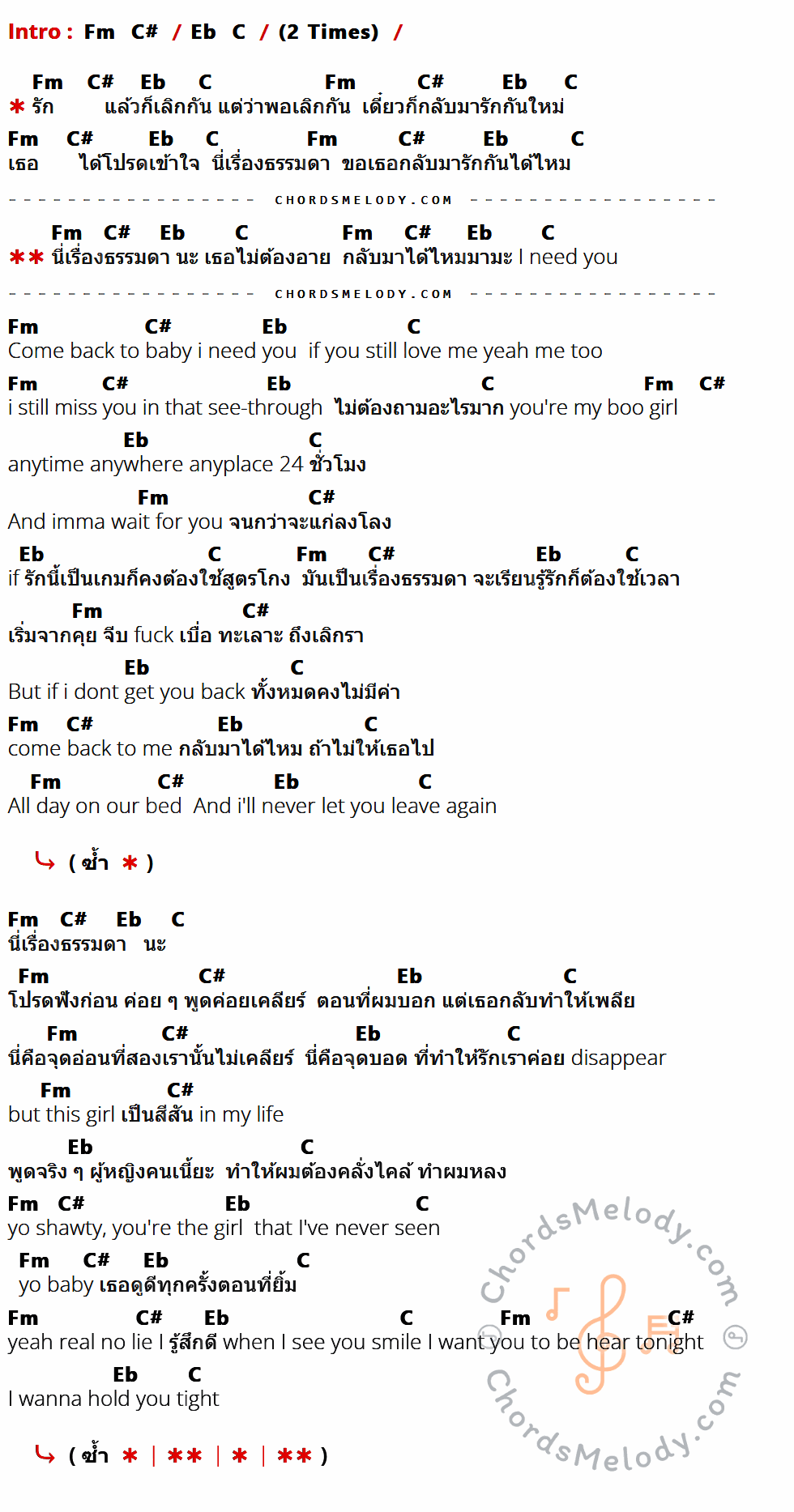 เนื้อเพลง ธรรมดา ของ Melo Boyz Feat.Timeworthy ที่มีคอร์ด ในกลุ่มคีย์ Fm,C#,Eb,C ประกอบ