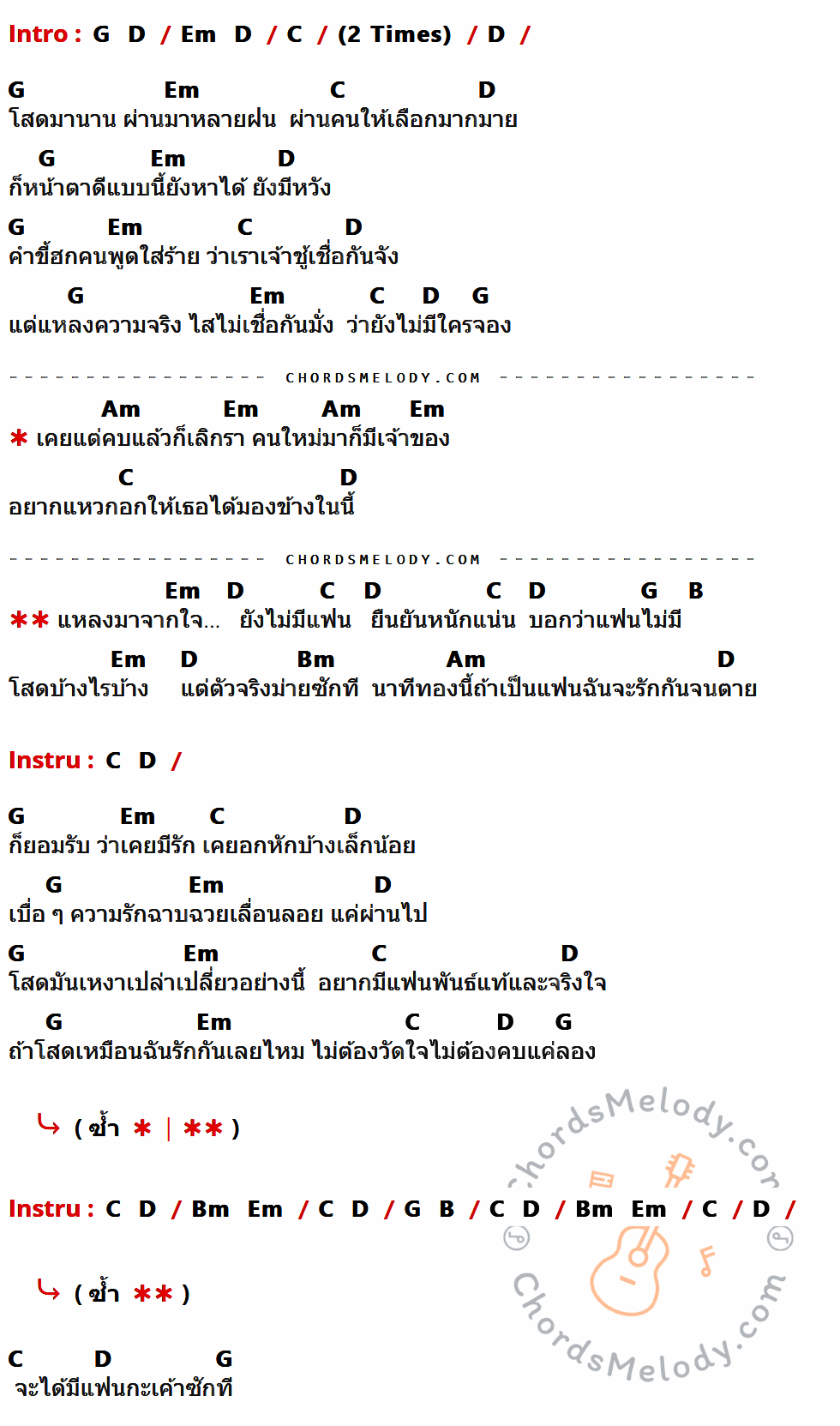 เนื้อเพลง ยังหม้ายมีแฟน ของ นก บันนังสตาร์ ที่มีคอร์ด ในกลุ่มคีย์ G,D,Em,C,Am,B,Bm ประกอบ