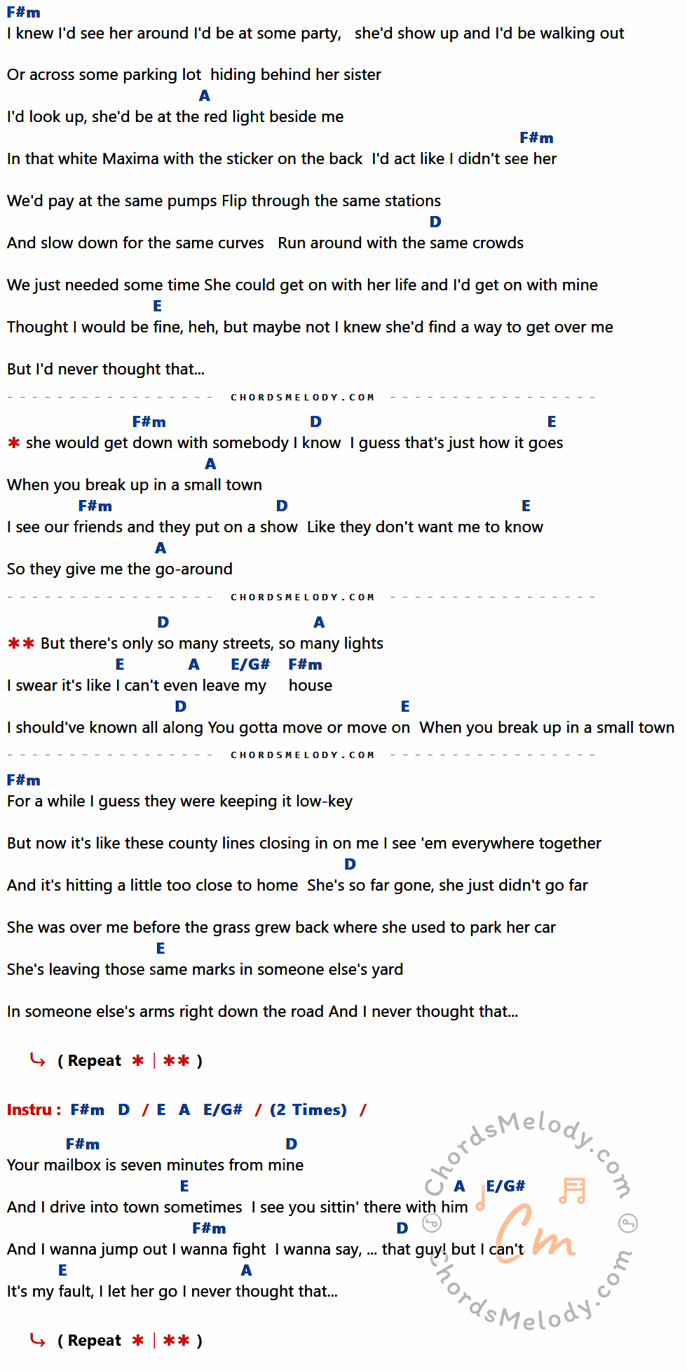เนื้อเพลง Break Up In A Small Town ของ Sam Hunt ที่มีคอร์ด ในกลุ่มคีย์ F#m,A,D,E,E/G# ประกอบ