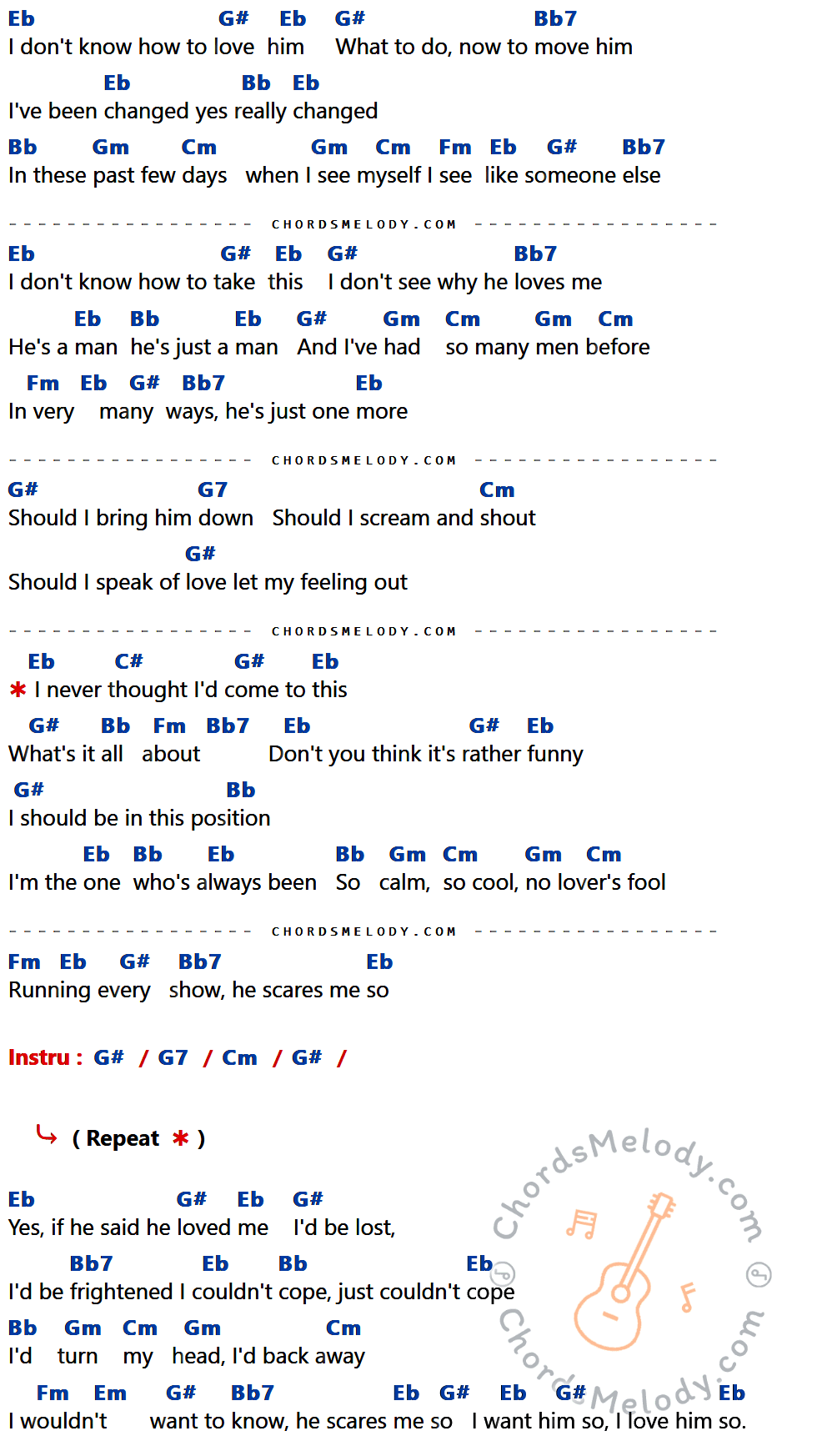 เนื้อเพลง I Don't How To Love Him ของ Helen Readdy ที่มีคอร์ด ในกลุ่มคีย์ Eb,G#,Bb7,Bb,Gm,Cm,Fm,G7,C#,Em ประกอบ
