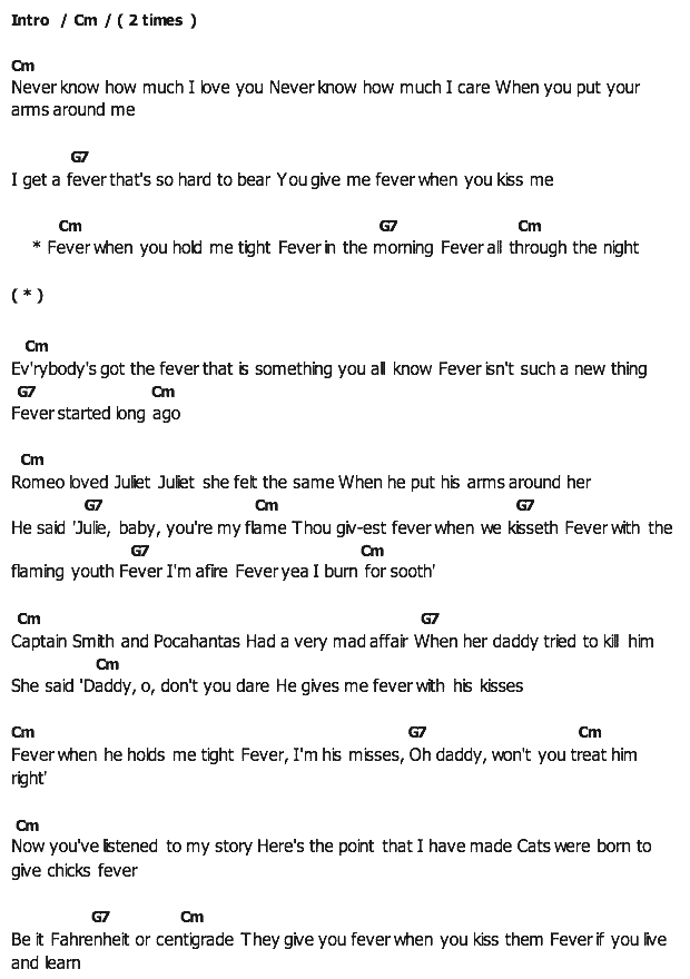คอร์ดเพลง เนื้อเพลง Fever, คอร์ดเพลง Fever ของ Elvis presley, คอร์ดเพลงของ Elvis presley, เนื้อร้อง Fever Elvis presley, Fever คอร์ดง่าย ๆ, คอร์ด Fever ต้นฉบับ
