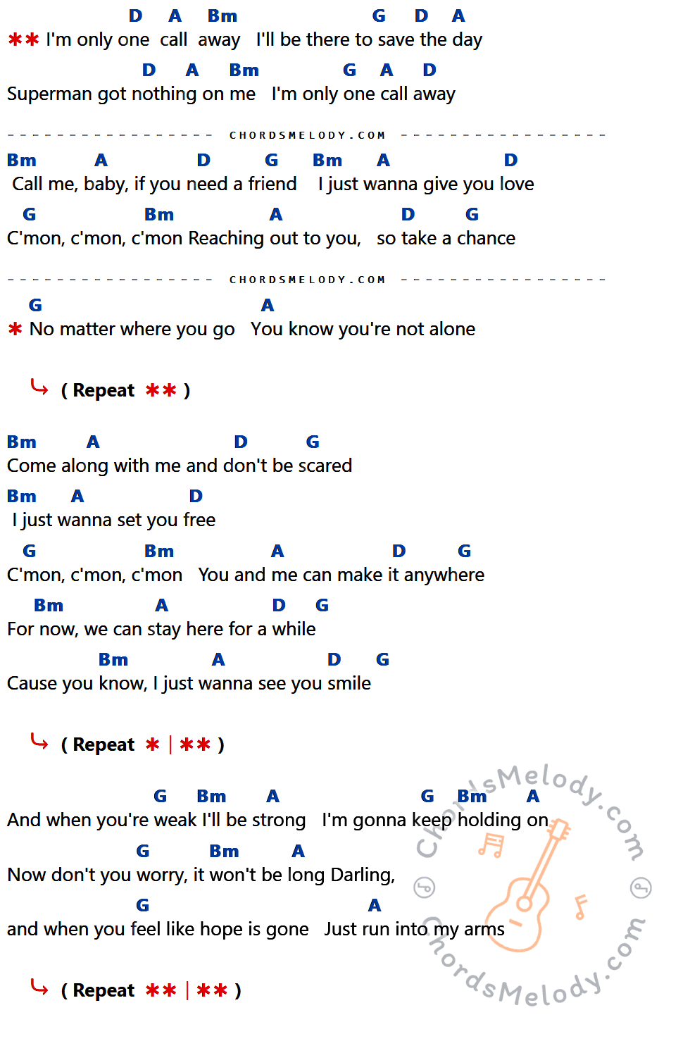 เนื้อเพลง One Call Away ของ Charlie Puth ที่มีคอร์ด ในกลุ่มคีย์ D,A,Bm,G ประกอบ
