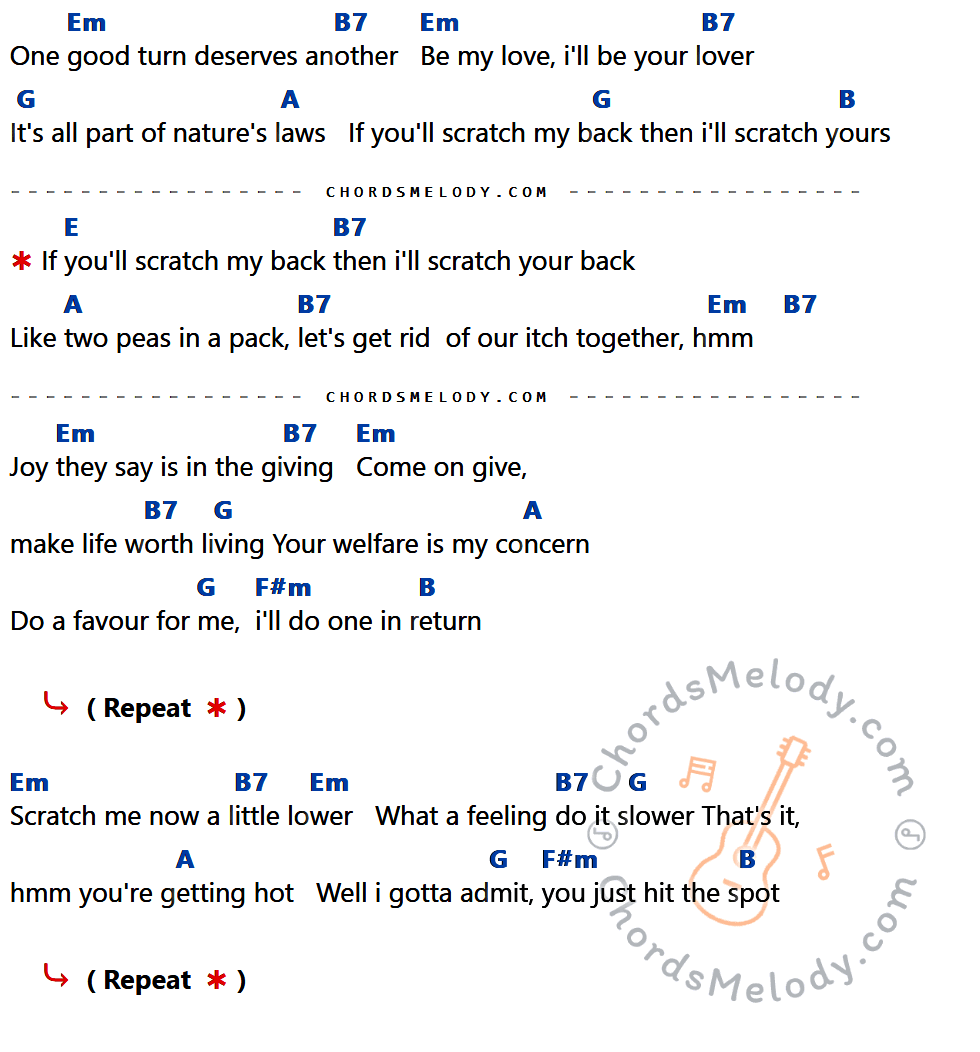 เนื้อเพลง Scratch My Back ของ Elvis presley ที่มีคอร์ด ในกลุ่มคีย์ Em,B7,G,A,B,E,F#m ประกอบ