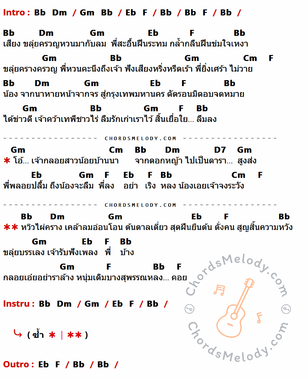 เนื้อเพลง เสียงขลุ่ยเรียกนาง ของ หนู มิเตอร์ ที่มีคอร์ดกีต้าร์ Bb,Dm,Gm,Eb,F,Cm,D7