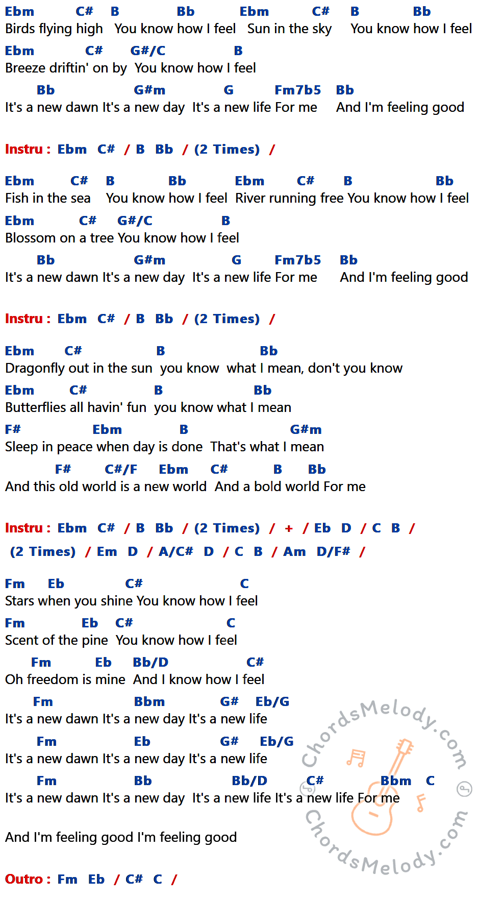 เนื้อเพลง Feeling Good ของ Michael Buble ที่มีคอร์ด ในกลุ่มคีย์ Ebm,C#,B,Bb,G#/C,G#m,G,Fm7b5,F#,C#/F,Eb,D,C,Em,A/C#,Am,D/F#,Fm,Bb/D,Bbm,G#,Eb/G ประกอบ