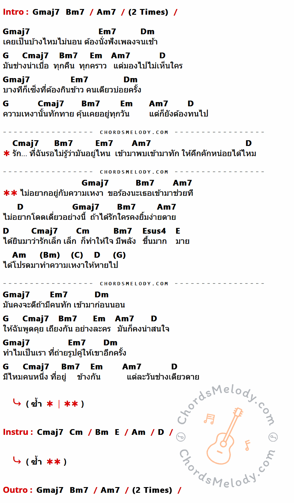 เนื้อเพลง ไม่อยากสนิทกับความเหงา ของ แพรว คณิตกุล ที่มีคอร์ด ในกลุ่มคีย์ Gmaj7,Bm7,Am7,Em7,Dm,G,Cmaj7,Em,D,Cm,Esus4,E,Am,Bm ประกอบ