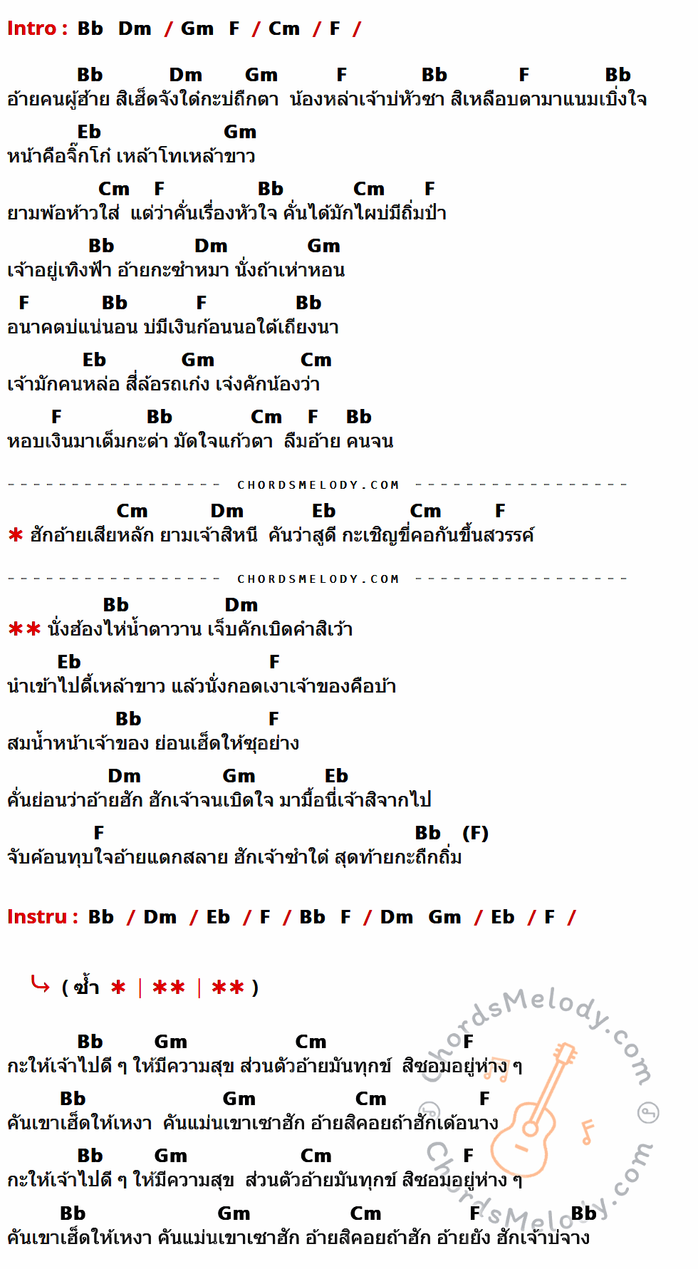 เนื้อเพลง สุดท้ายอ้ายถืกถิ่ม ของ โต้ง เมืองศรี ที่มีคอร์ด ในกลุ่มคีย์ Bb,Dm,Gm,F,Cm,Eb ประกอบ