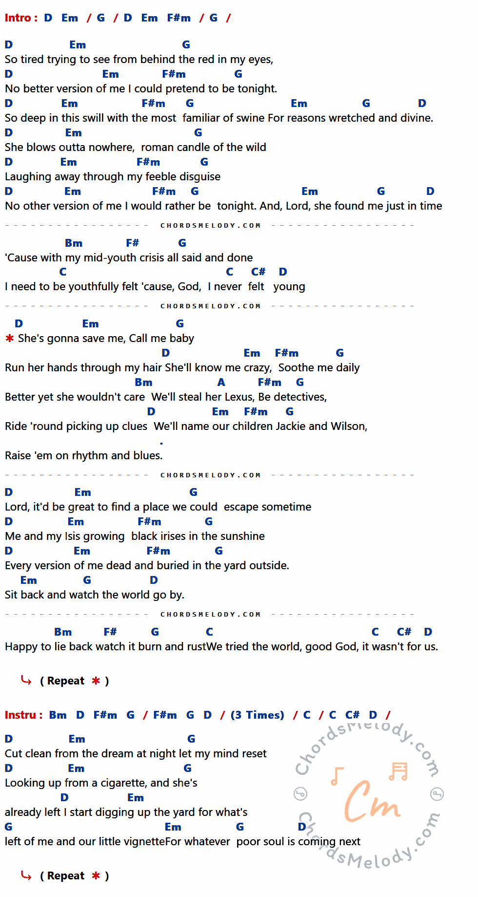 เนื้อเพลง Jackie And Wilson ของ Hozier ที่มีคอร์ด ในกลุ่มคีย์ D,Em,G,F#m,Bm,F#,C,C#,A ประกอบ