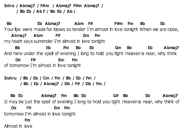 คอร์ดเพลง เนื้อเพลง Almost In Love, คอร์ดเพลง Almost In Love ของ Elvis presley, คอร์ดเพลงของ Elvis presley, เนื้อร้อง Almost In Love Elvis presley, Almost In Love คอร์ดง่าย ๆ, คอร์ด Almost In Love ต้นฉบับ