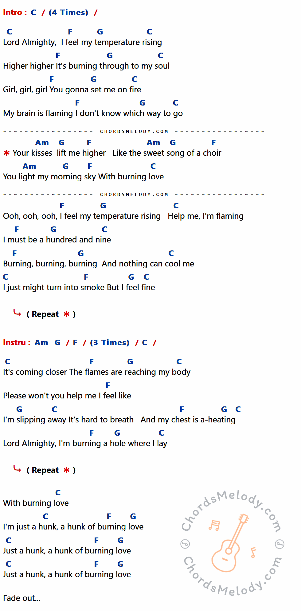 คอร์ดเพลง Burning Love - Elvis presley เนื้อร้อง มีคอร์ดกีต้าร์ ในกลุ่มคีย์ C,F,G,Am กำกับ