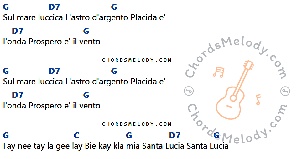 คอร์ดเพลง Santa Lucia - Elvis presley เนื้อร้อง มีคอร์ดกีต้าร์ ในกลุ่มคีย์ G,D7,C กำกับ