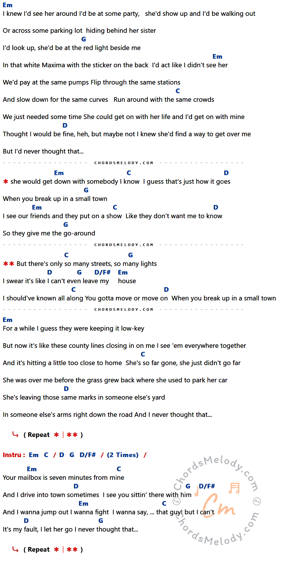 คอร์ดเพลง Break Up In A Small Town - Sam Hunt เนื้อร้อง มีคอร์ดกีต้าร์ ในกลุ่มคีย์ Em,G,C,D,D/F# กำกับ