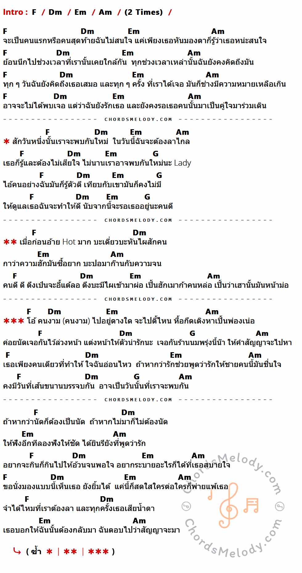 คอร์ดเพลง พบกันใหม่ - Bunnyking เนื้อร้อง มีคอร์ดกีต้าร์ ในกลุ่มคีย์ F,Dm,Em,Am,G กำกับ