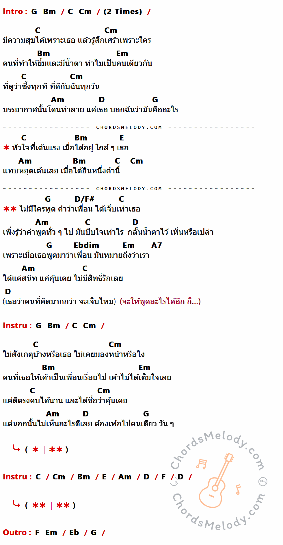 เนื้อเพลง ไม่มีใครพูดคำว่าเพื่อนได้เจ็บเท่าเธอ ของ Prim มีคอร์ดกีต้าร์ ในคีย์ที่ต่างกัน G,Bm,C,Cm,Em,Am,D,E,D/F#,Ebdim,A7,F,Eb