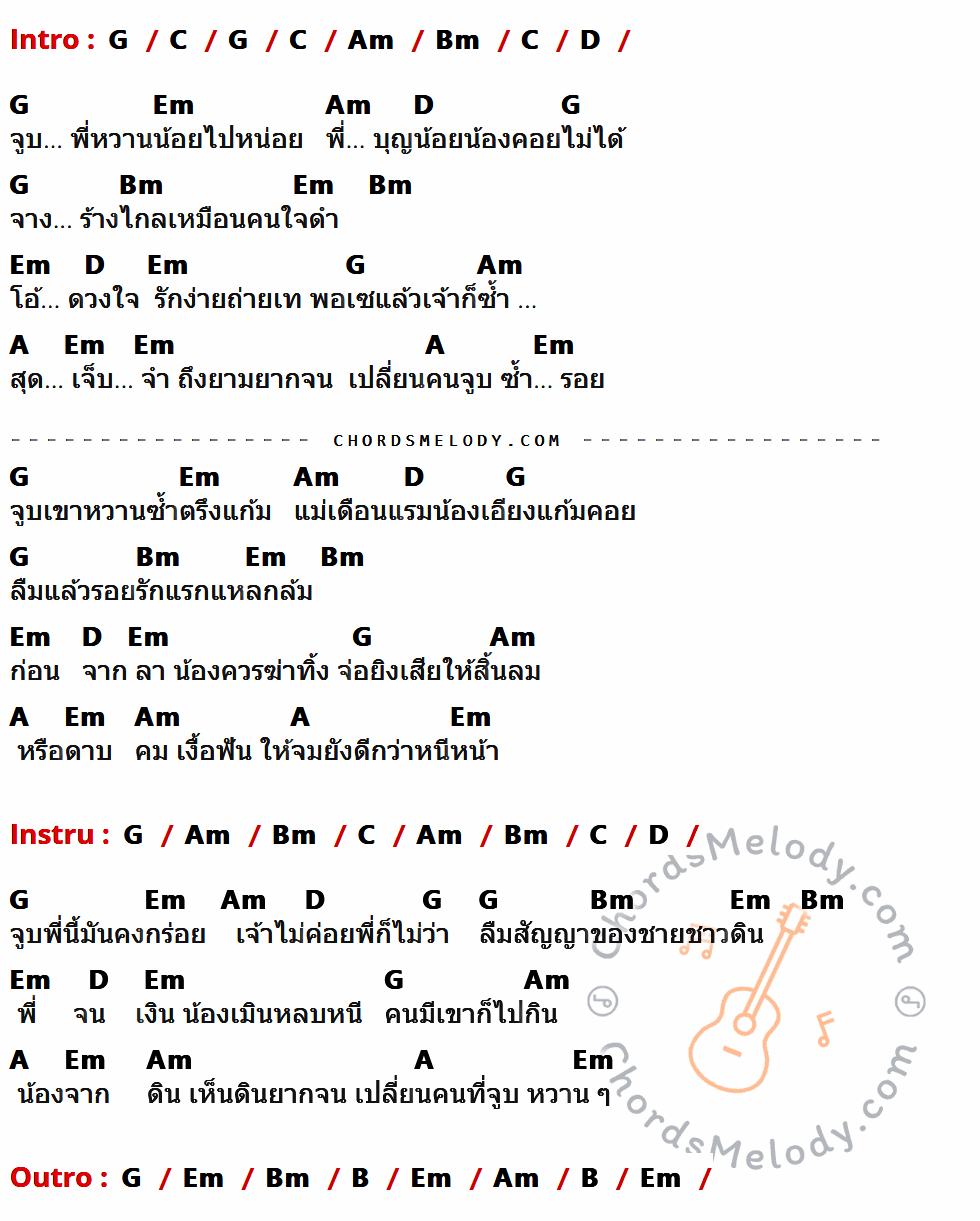 คอร์ดเพลง จูบไม่หวาน - ร็อกอำพัน เนื้อร้อง มีคอร์ดกีต้าร์ ในกลุ่มคีย์ G,C,Am,Bm,D,Em,A,B กำกับ