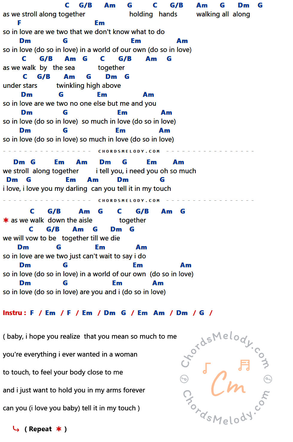 คอร์ดเพลง So Much In Love - All-4-One เนื้อร้อง มีคอร์ดกีต้าร์ ในกลุ่มคีย์ C,G/B,Am,G,Dm,F,Em กำกับ