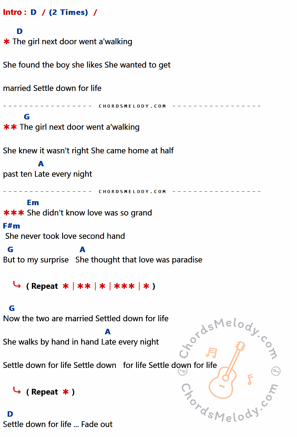 เนื้อเพลง The Girl Next Door ของ Elvis presley มีคอร์ดกีต้าร์ ในคีย์ที่ต่างกัน D,G,A,Em,F#m