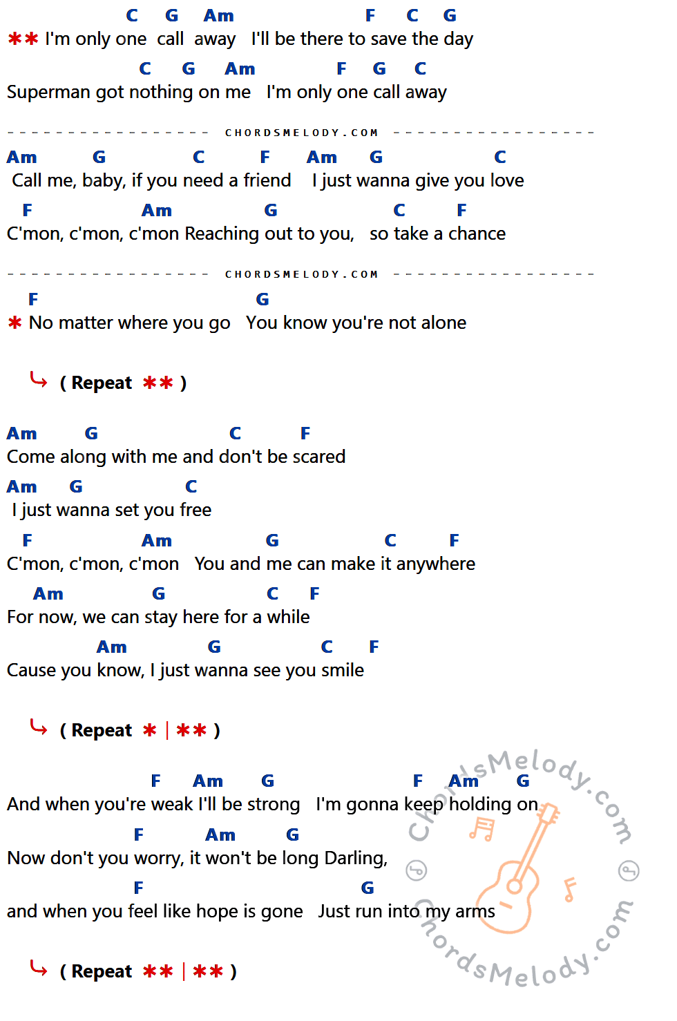 คอร์ดเพลง One Call Away - Charlie Puth เนื้อร้อง มีคอร์ดกีต้าร์ ในกลุ่มคีย์ C,G,Am,F กำกับ