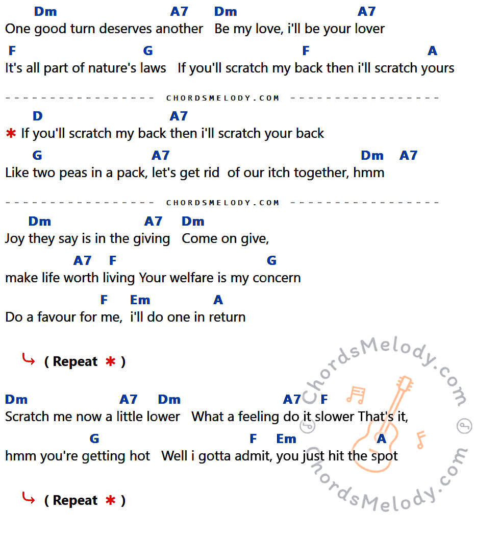 คอร์ดเพลง Scratch My Back - Elvis presley เนื้อร้อง มีคอร์ดกีต้าร์ ในกลุ่มคีย์ Dm,A7,F,G,A,D,Em กำกับ