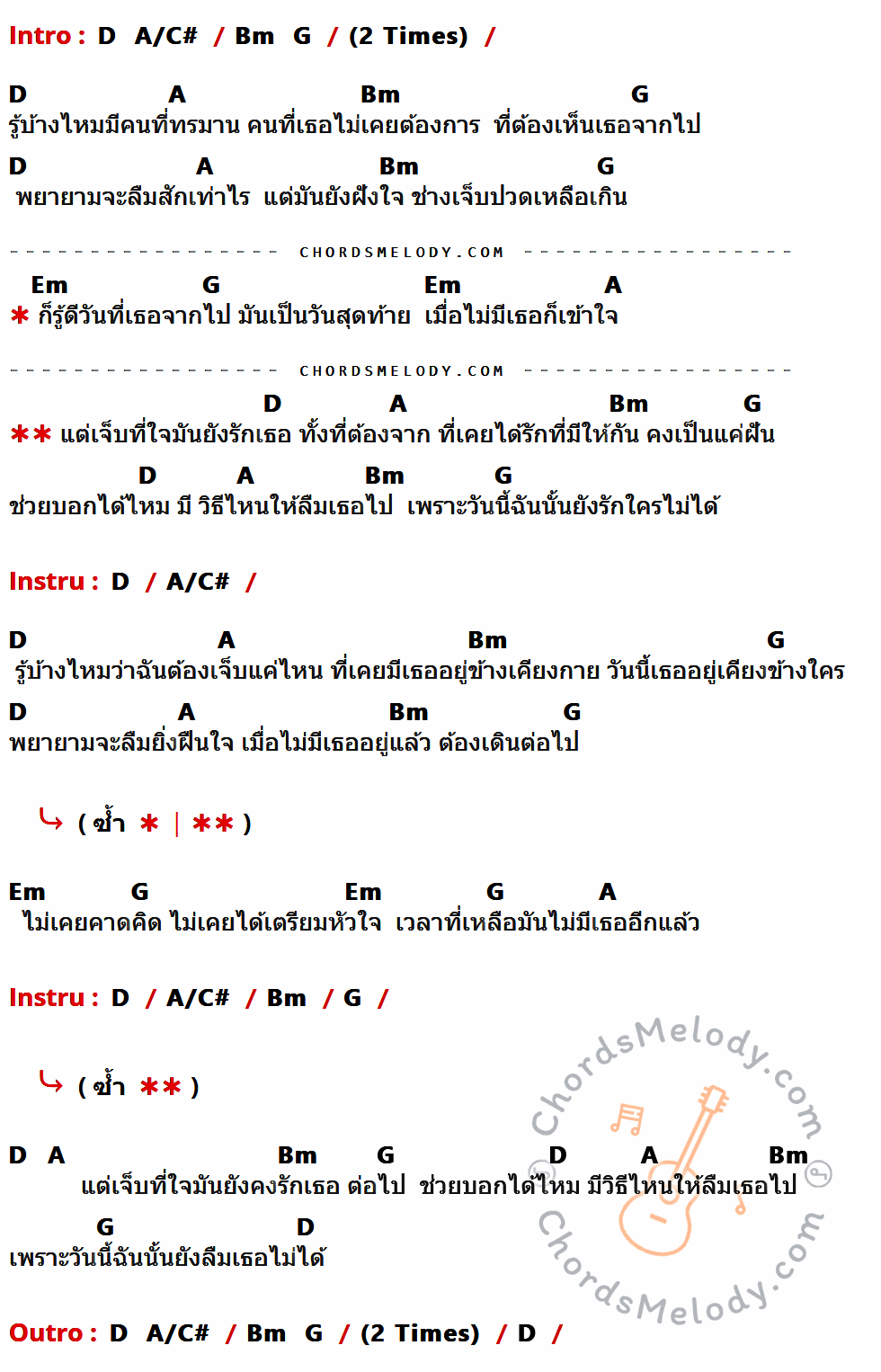 เนื้อเพลง เจ็บที่ยังรัก ของ Airborne มีคอร์ดกีต้าร์ ในคีย์ที่ต่างกัน D,A/C#,Bm,G,A,Em