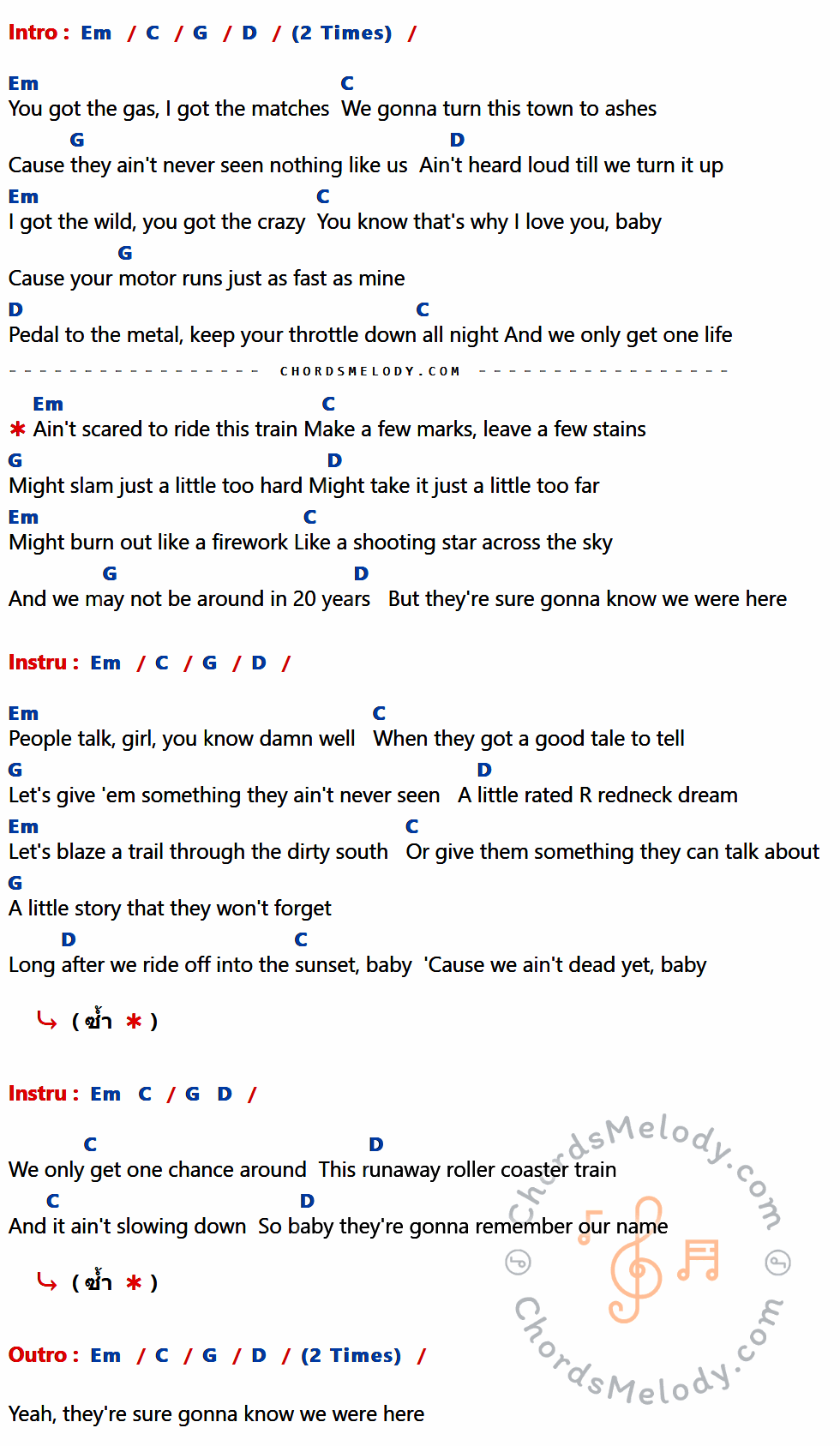 คอร์ดเพลง Gonna Know We Were Here - Jason Aldean เนื้อร้อง มีคอร์ดกีต้าร์ ในกลุ่มคีย์ Em,C,G,D กำกับ