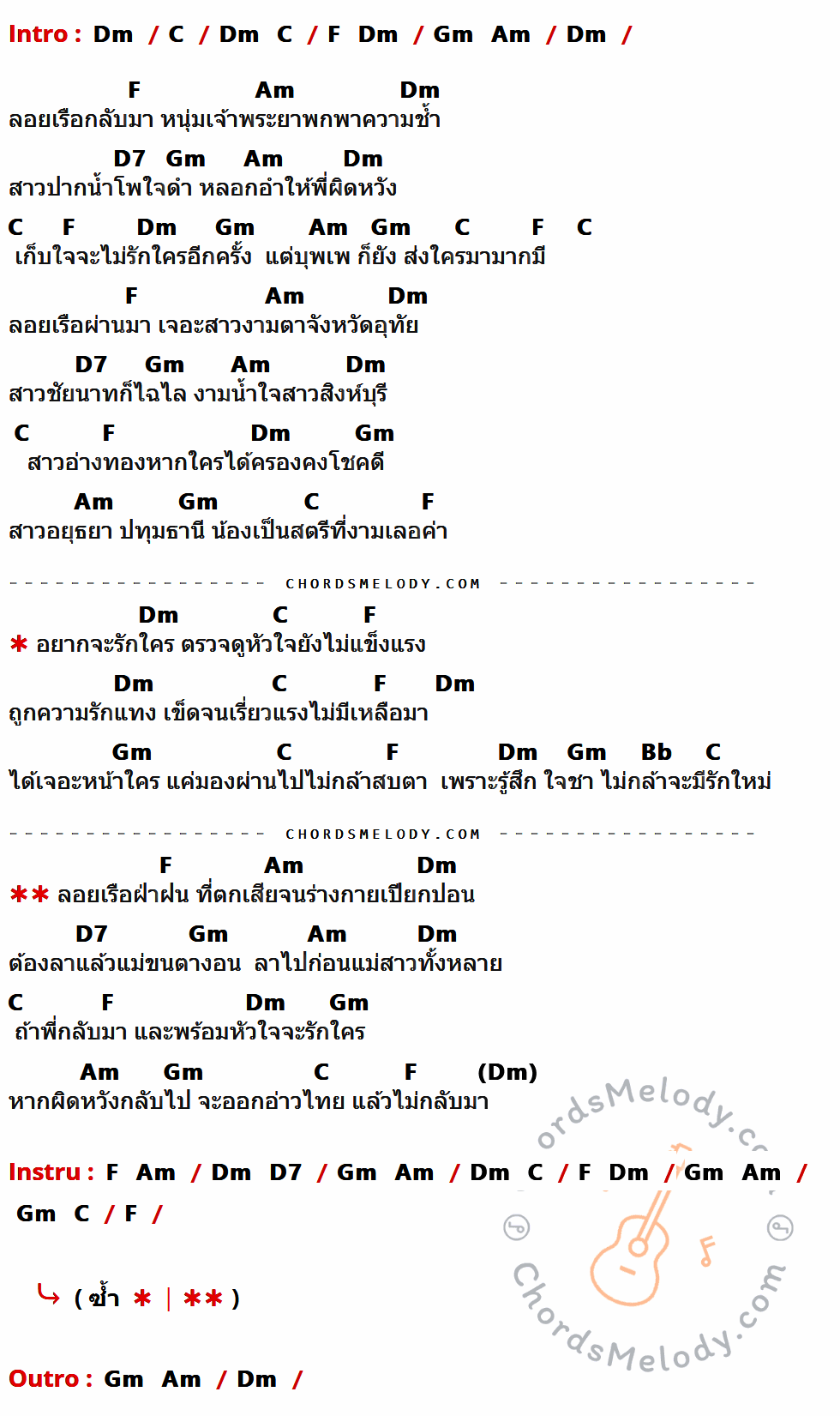 เนื้อเพลง เข็ดรักจากเจ้าพระยา ของ หนู มิเตอร์ มีคอร์ดกีต้าร์ ในคีย์ที่ต่างกัน Am,G,C,Dm,Em,A7,F